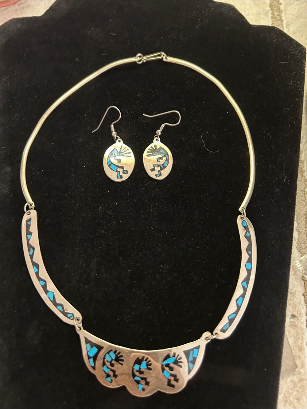 Turquoise Inlay Kokopelli Silver Necklace & Earring Set 925 Sterling